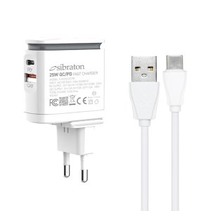 شارژر دیواری سیبراتون مدل Sibraton S-W2225C-PD 25W